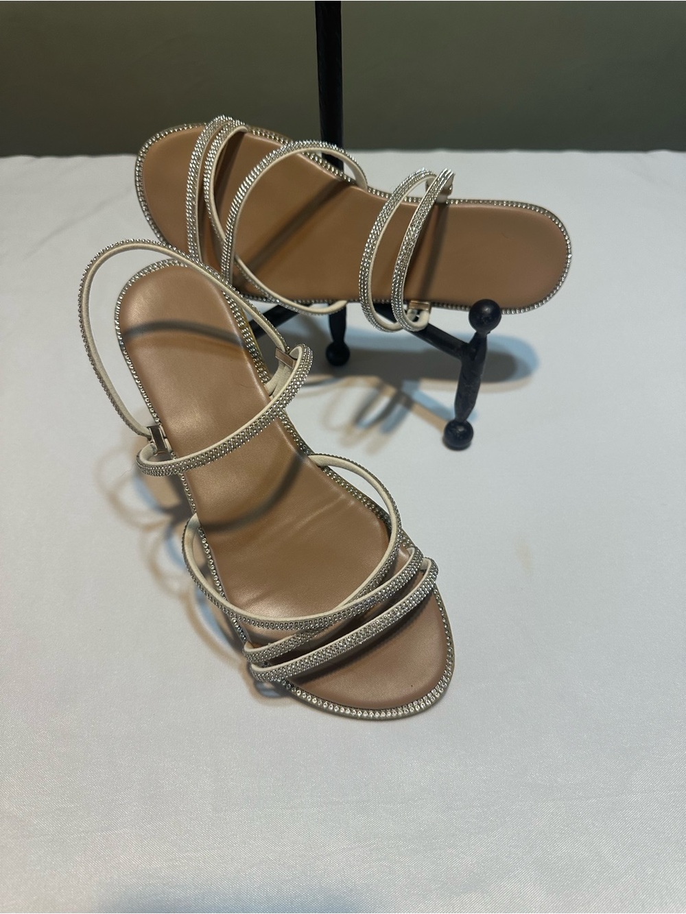 Strappy Rhinestone Sandals in Beige — Elegant Evening Flat